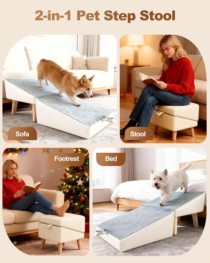 Dog Ramp for Couch Sofa and Low Bed, 15.7" W Foldable 2-in-1 Pet Steps & Ottoman, Non-Slip Wooden Pet Stairs for Small Senior Injured Dogs & Cats