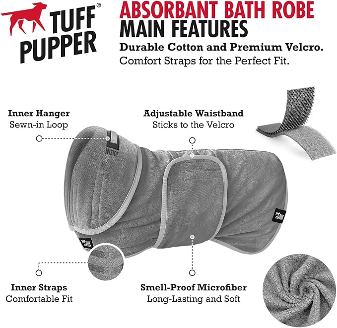 Tuff Pupper Fast Drying Dog Bath Robe | 800 GSM Plush Dog Towel Bathrobe/Dressing Gown | Super Absorbent Pet/Puppy Bathrobe | Adjustable Hood & Belly Strap | Super Soft | Fast Drying (XS, Gray)