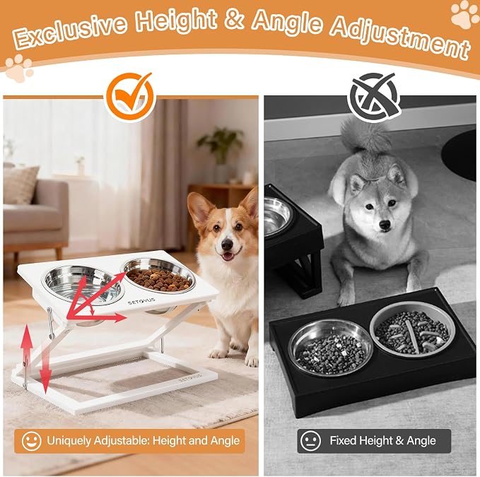 Elevated Dog Bowl, Anti-Slip Feeder, Adjustable Elevated Dog Bowl Stand, 0-20° Tilt Water Bowl with 2 Stainless Steel Food Bowls Dishwasher Safe, Suitable for Small Dogs, Puppies and Cats (White)