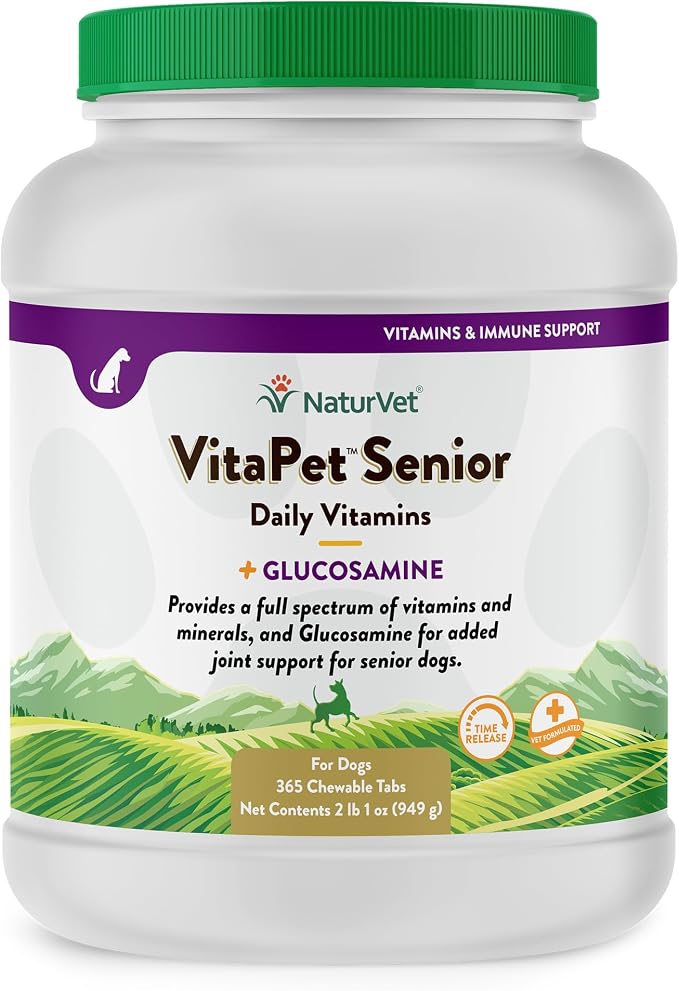 NaturVet VitaPet Senior Daily Vitamin Dog Supplements - 365 Ct | Full Spectrum of Vitamins & Minerals, Enhanced with Glucosamine for Added Joint Support, 365 Time Release Tablets