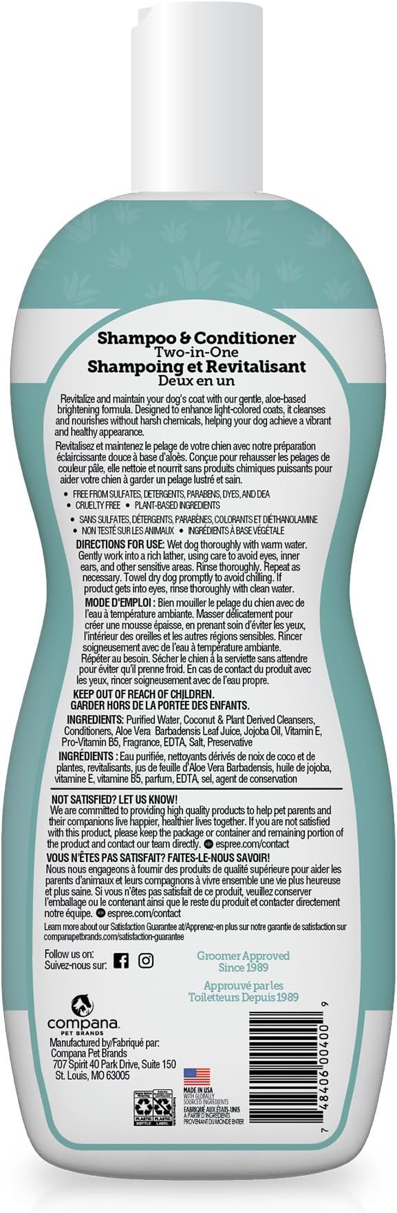 Espree Bright White Dog Shampoo & Conditioner, Dog Coat Whitening, 20oz | Professional Dog Grooming, Dog Whitening Shampoo, Dog Grooming Supplies, Stain Removing, Brightening Shampoo, Pet Shampoo