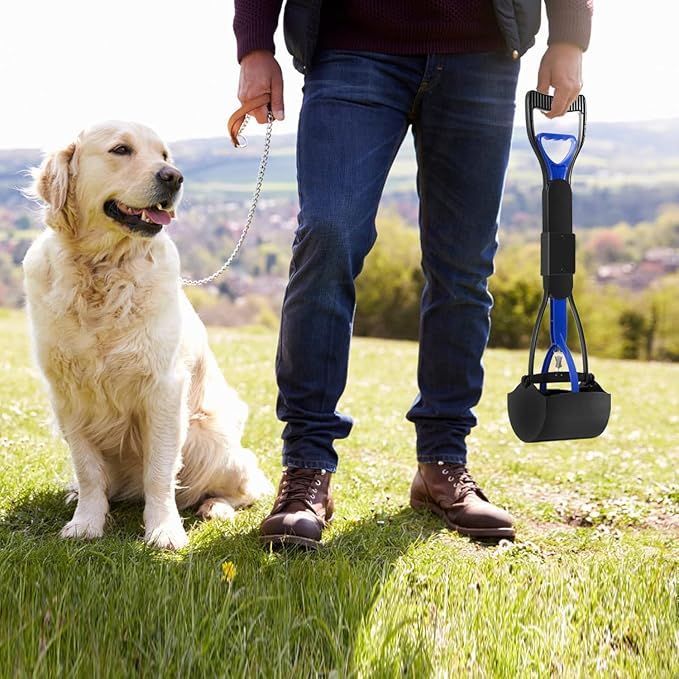 Non-Breakable Pet Pooper Scooper for Dogs and Cats with Long Handle High Strength Material and Durable Spring for Easy Grass and Gravel Pick Up (Blue)