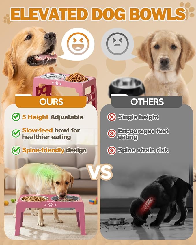 Jovrun Elevated Dog Bowls for Small Medium Large Size Dogs, Non-Slip Dog Feeder with 2 Food Water Bowls, 2-5 Heights Adjustable Raised Bowls Stand