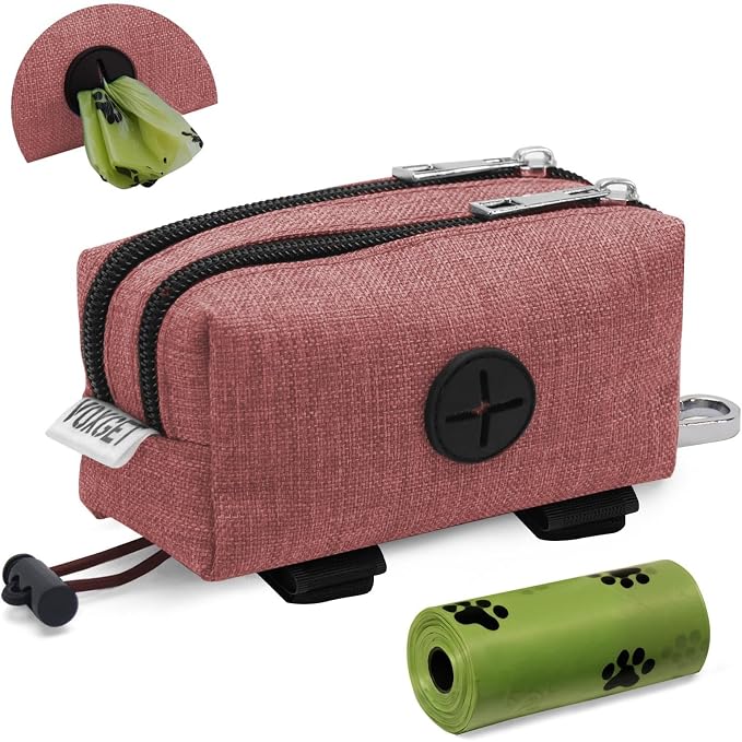 Dog Poop Bag Holder for Leashes, Dog Waste Bag Dispenser with 2 Zipper Pockets and Clip for Pets Doggy Training, Puppy Treat Pouch Carrier with 1 Roll Poop Bags for Walking Accessories (Red)