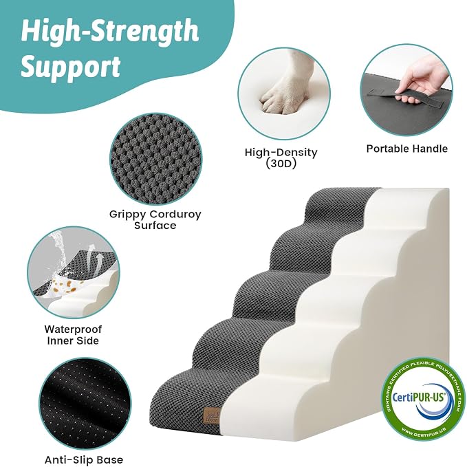 COZY KISS Wide Dog Stair for Small Dog 22.6" H, 5 Step Pet Ramp for Bed | Curved Stable Dog Step for Puppy, Older Cat, Senior, Medium, Short-Legged Dog, Non-Slip Ladder for Car, Dark Grey