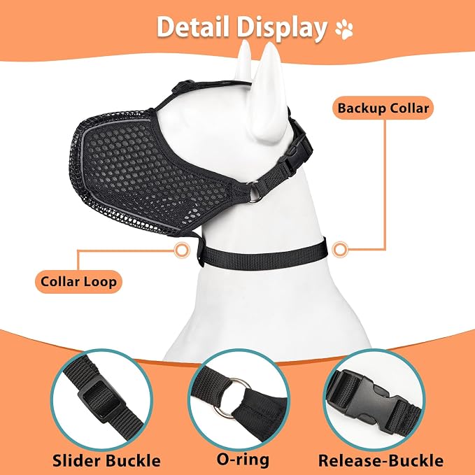 Mesh Dog Muzzle with Collar for Medium Large Dogs Anti Scavenging | Reflective for Nighttime Walks, Soft & Breathable, Anti Biting Chewing Eating, Grooming Training Use, Allows to Drink | XS