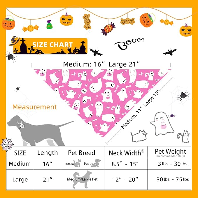 Halloween Dog Bandanas Pink Ghost Boo Costumes for 7-30lbs Pets, Medium, 30lbs, Pink