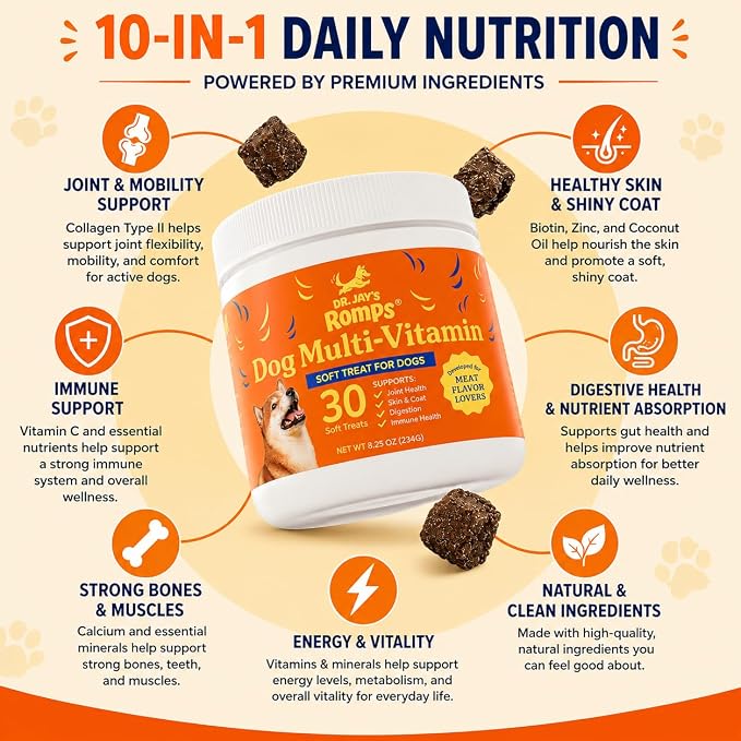 Dr Jay's Romps 10-in-1 Dog Multivitamin Soft Chews with Collagen, 30 Chews | Supports Joint, Skin & Coat, Immune & Digestive Health, For Dogs of All Ages & Sizes