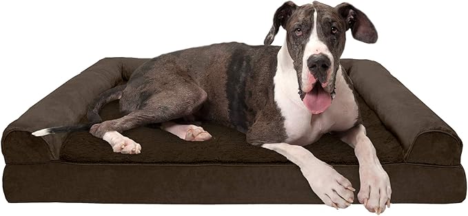 Furhaven Memory Foam Dog Bed for Large Dogs w/ Removable Bolsters & Washable Cover, For Dogs Up to 125 lbs - Plush & Suede Sofa - Espresso, Jumbo Plus/XXL