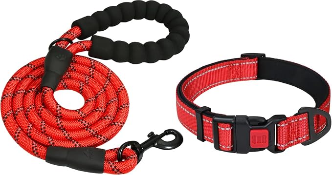 Taglory 18"-28" Length, 1 1/4" Wide Dog Collar and Leash Set, 1/2" x 6 FT Highly Reflective Threads Dog Leash for Large Dogs,Red