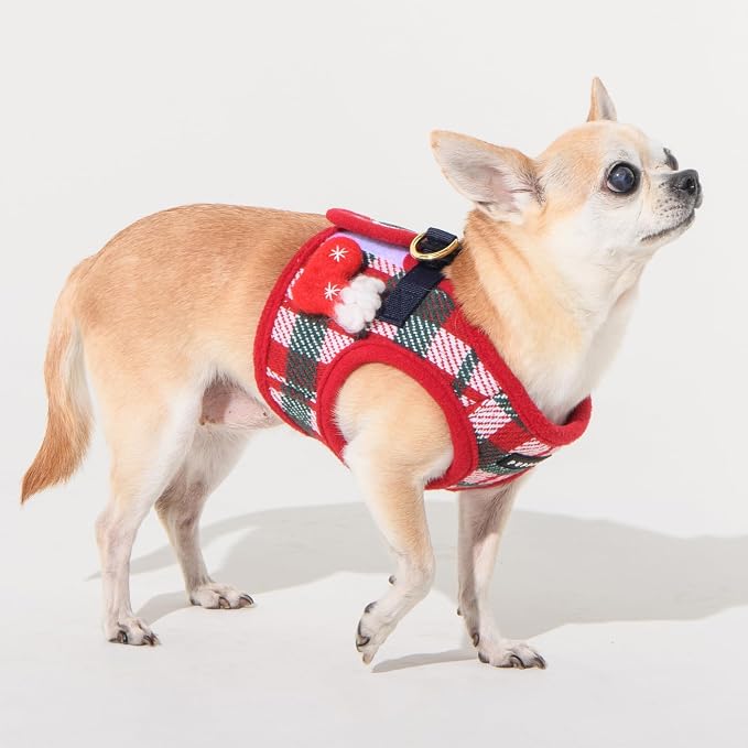 Puppia Festive Vest Dog Harness Step-in Warm Winter Checkered Pattern for Small and Medium Dog, Red, Large