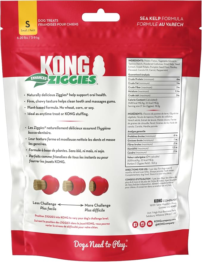 KONG Classic Toy and Enhanced Ziggies Treats Combo, for Small Dogs | Durable Stuffable Classic Toy Paired with Enhanced Ziggies Treats for Fun, Enrichment & Dental Health
