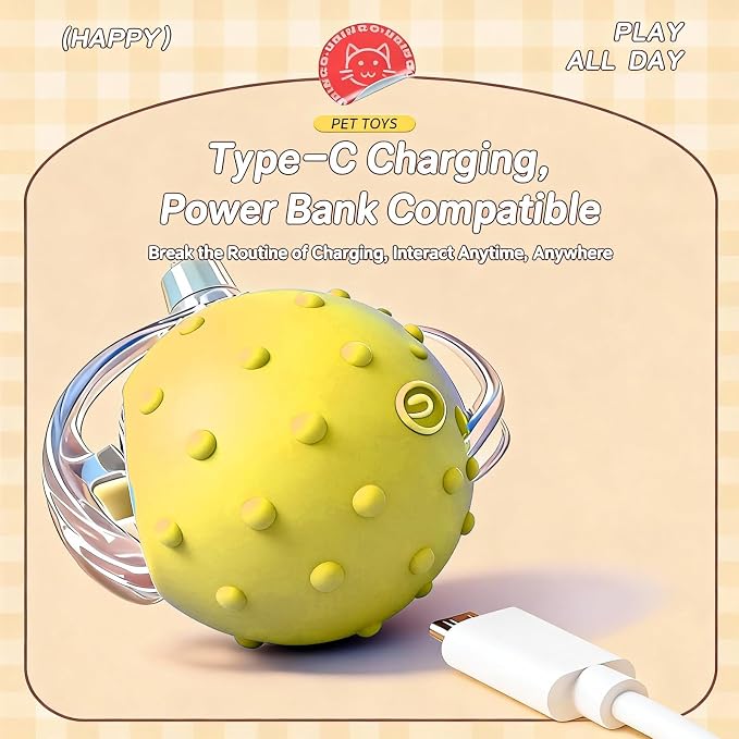 Interactive Cat Toy, Auto Chirping Ball 3 Tails, Self Play Indoor | USB-C charge, 2 modes, obstacle avoid, soft TPE tails, quiet, LED, durable ABS, boredom relief yellow