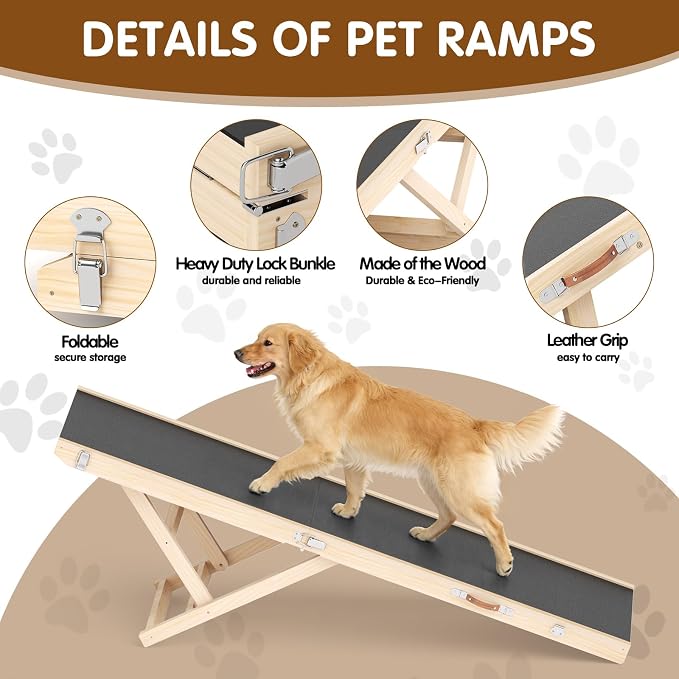 Foldable Dog Ramp for High Beds & SUVs, 63 Inch with High-Traction Mat. Adjustable Height (19.7"-31.5") for Medium, Large & XL Dogs - Portable Pet Stairs Alternative