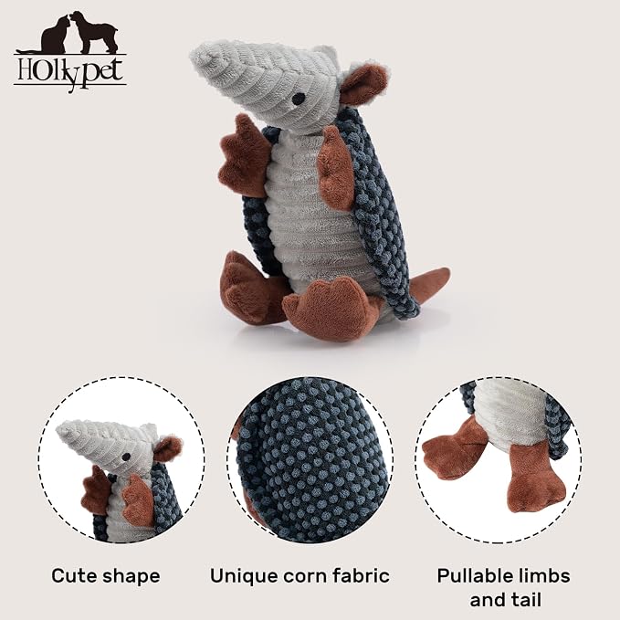 Hollypet Armadillo Squeaky Puppy Dog Toys for Small Medium Dogs, 8" | plush stuffed small dog squeak animal toy with unique grunt squeaker textured fabric for teeth cleaning toys