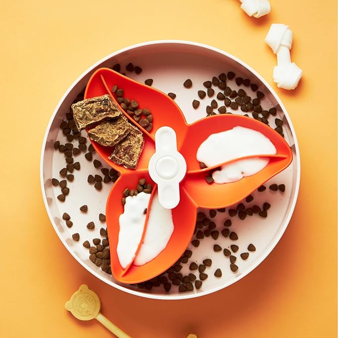 PetDreamHouse Spin Interactive Slow Feeder Bowl for Dogs - Bougainvillea Orange - Skill Level: Easy - Fun and Healthy Feeding with Movable, Adjustable Center Puzzle Piece for All Dogs and Food Types