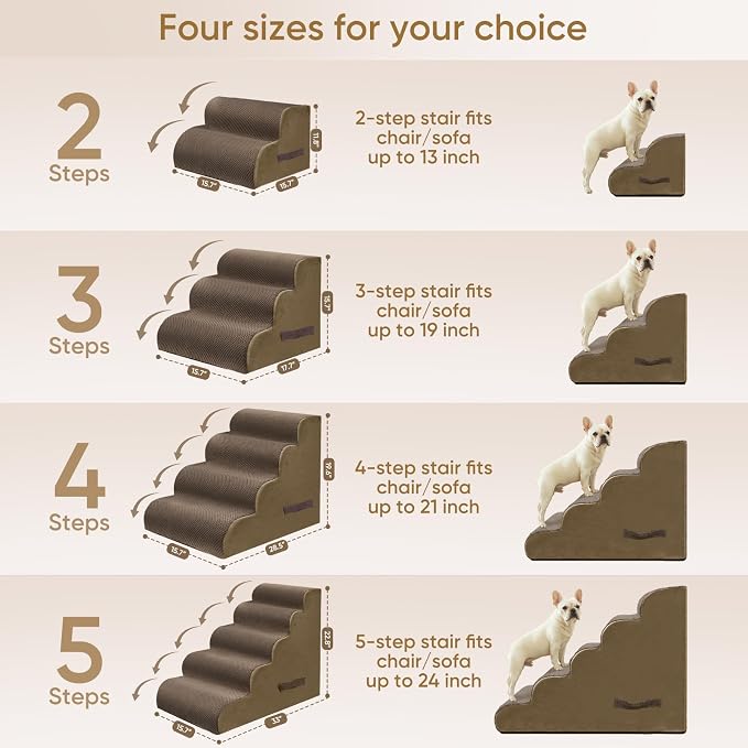 PAWSCRAT Pet Stairs for Dogs 3-Step, 15.7" H Pet Stairs for High Bed, Couch Sofa & Chair, 30D Material Soft Foam Dog Steps with Non-Slip Bottom Surface Removable Washable Cover, Brown