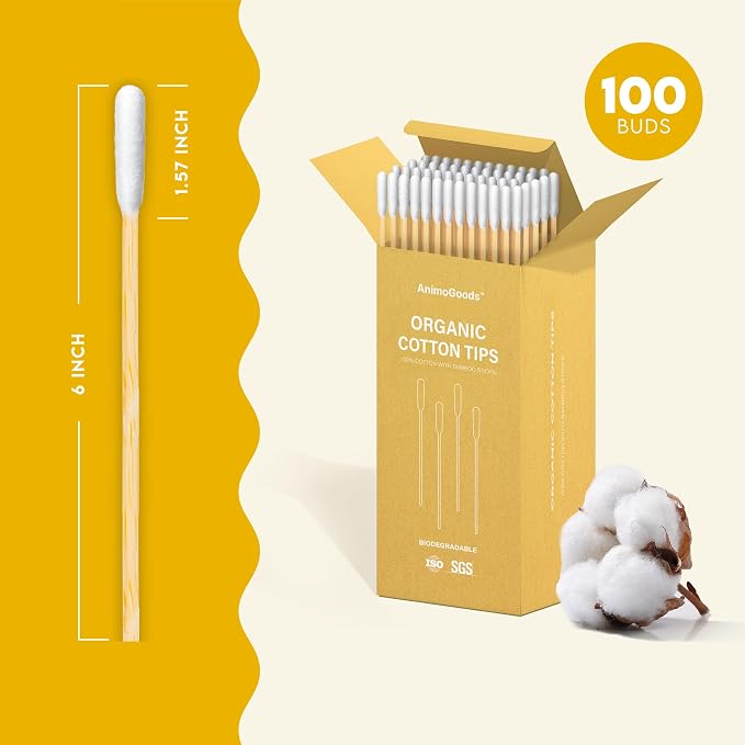 6-Inch Long Cotton Tips for Cleaning Dogs' Ears | Extra-Long Cotton Swabs for Dog Ear Cleaning | Eco-Friendly Dog Ear Swabs & Pads | Organic Bamboo & Cotton | 100-Pack