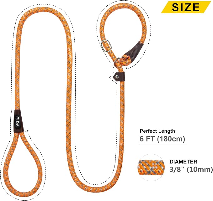 Fida Durable Slip Lead Dog Leash, 6 FT x 3/8" Heavy Duty Comfortable Strong Rope Slip Lead for Small Dogs and Puppies, No Pull Pet Training Leash with Highly Reflective (3/8", Orange)