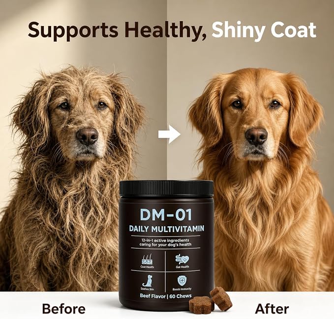 DM-01 Dog Multivitamin Chews, Daily Supplement with Salmon Oil, Chondroitin & Folic Acid, Promotes Skin & Coat Health, Digestive Aid & Immune Support, 60 Soft Chews