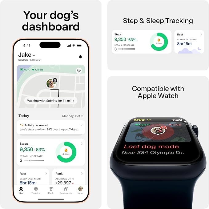 Fi Series 3+ GPS + Health Dog Collar, Blue, X-Large, 12-Month Membership | Smart GPS dog collar with live tracking, health & behavior, Escape Alerts, LED light. Waterproof and Apple Watch compatible.