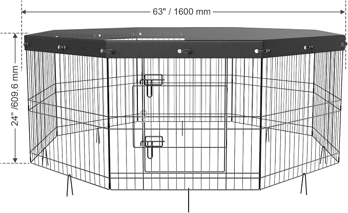 VEVOR Foldable Metal Dog Exercise Pen, Pet Puppy Playpen Yard Fence with Top Cover & Door, Indoor Outdoor 8 Panels 24" W x 24" H Dogs Crate Kennel with Ground Stakes for Small & Medium Dogs