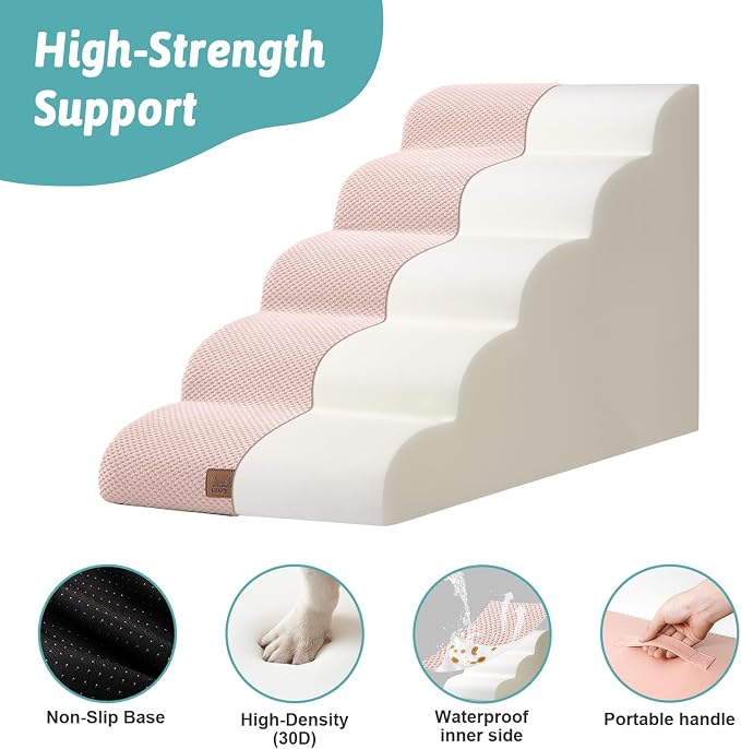 COZY KISS Extra Wide Dog Stair for Small Dog, 5 Step Pet Ramp for Bed | Curved Stable Dog Step for Puppy, Older Cat, Senior, Medium, Short-Legged Dog, Non-Slip Ladder for High Bed, 22.4" H, Pink