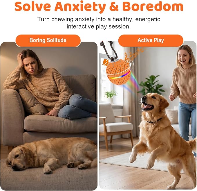 Smart Interactive Dog Toys Ball for Aggressive Chewers Medium Large,E-TPU | Auto-Moving & Bouncing Ball, 2 Modes with RGB Lights & Bird Sounds,Bite-Resistant Rope, IP54 Waterproof, Type-C Fast Charge