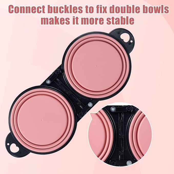 SLSON Collapsible Dog Dual Bowls with Lock Clips, Light Pink