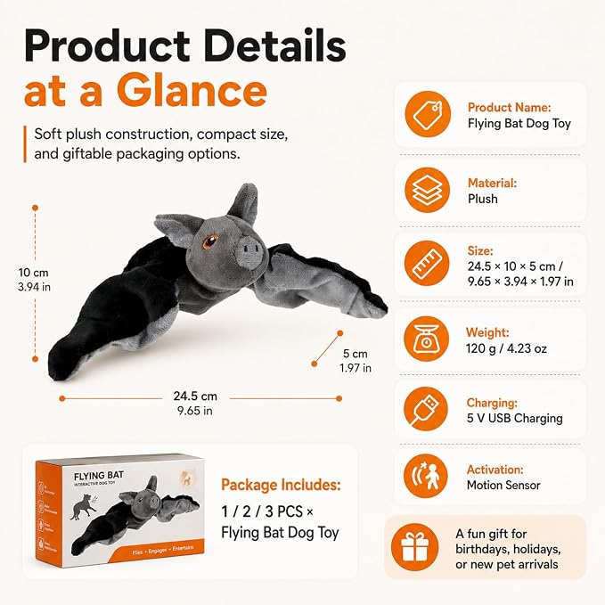 Flying Bat Dog Toy, Battery Operated Interactive Toy for Small Dogs (1PC) | Soft Plush Material, Motion Sensor Activation, Realistic Chirping and Flapping Sounds, USB Rechargeable, Indoor Pet Play