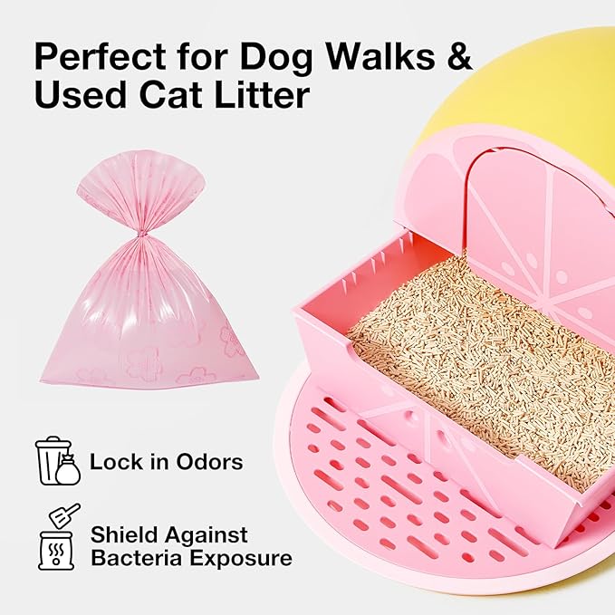 VETRESKA Dog Poop Bag Dispenser with Cherry Blossom Scented Poop Bags, Leak Proof and Extra Thick Pet Waste Bags, 1 Poop Bag Holder and 105 Bags for Dog Walking and Cats Litter, Pink