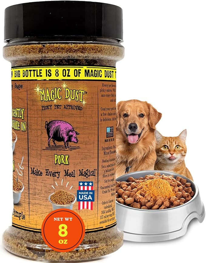 Magic Dust Pork Jerky Topper, Single Protein Pet Food Topper for Dogs & Cats, Enhance Flavor & Elevate Mealtime Excitement for Picky Eaters - 8 Ounce Bottle in Pork Flavor