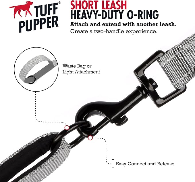 Tuff Pupper Short Dog Leash for Training | 24 Inch | Perfect for Service Dog Harness & Traffic Leash Handle w/Padding | Steel Gray