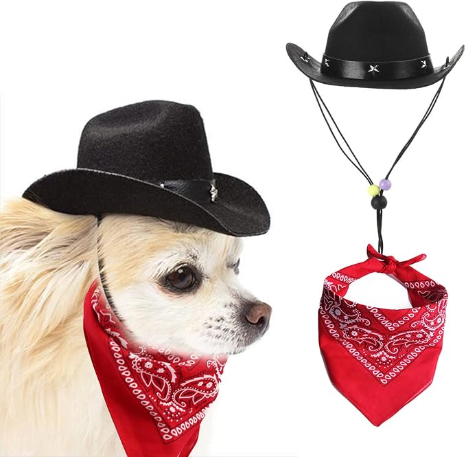 Dog Cowboy Hat and Bandana Scarf Dog Cat Sombrero Puppy Hat Dog Cat Costume, 2 inches, Black