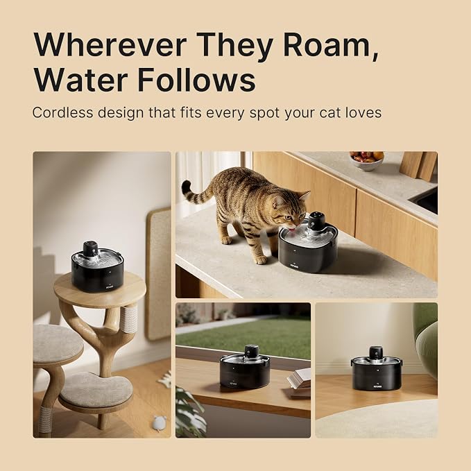 Wireless Cat Water Fountain, Cat Fountain Battery Operated 4000mAh, 78oz/2.3L Pet Water Fountain Cordless with Motion Sensor & Stainless Steel Tray, Quiet Pump & Locking Lid, with 6 Filters