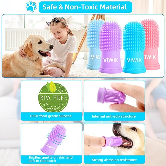 VIWIK 4Pack Dog Toothbrush Kit - Cat Finger Toothbrush for Medium to Large Dogs & Puppies, Dental Care & Teeth Cleaning