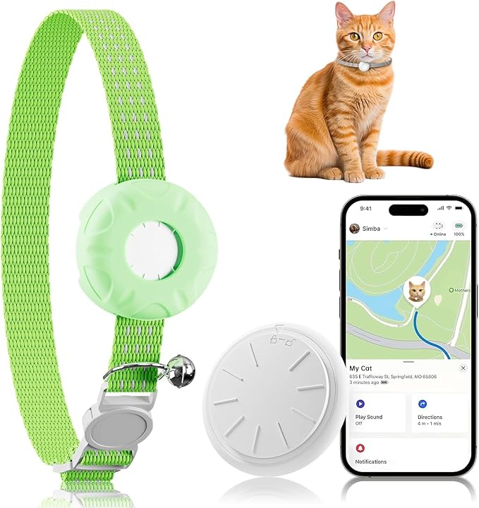 Cat Tracker No Monthly Fee,GPS Trackers for Cats Work with Apple Find My App(iOS Only),Cat Tracker GPS LightGreen Collar with Safety Elastic Buckle