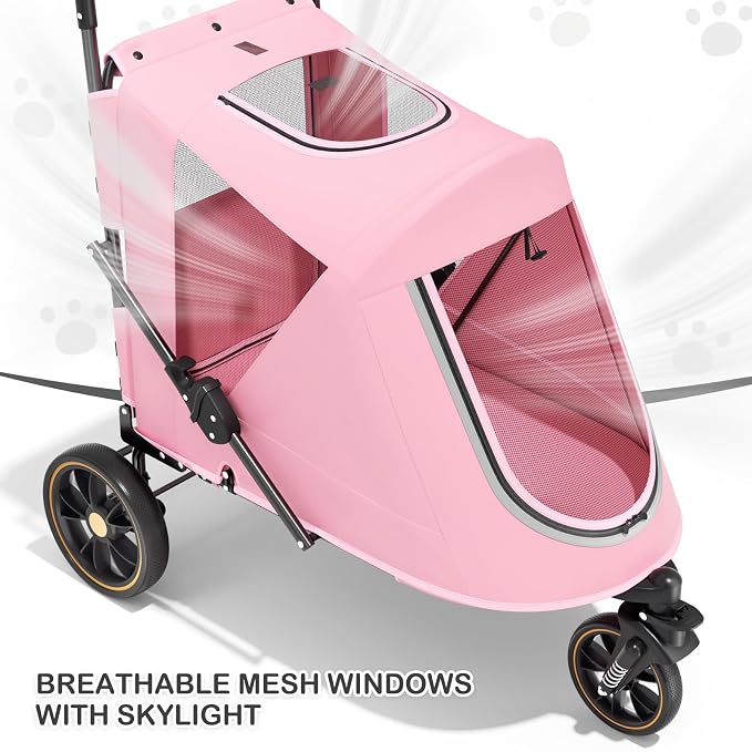 MoNiBloom 3-Wheel Pet Stroller for Large Dogs - Pink, up to 55lbs, Dual Entry