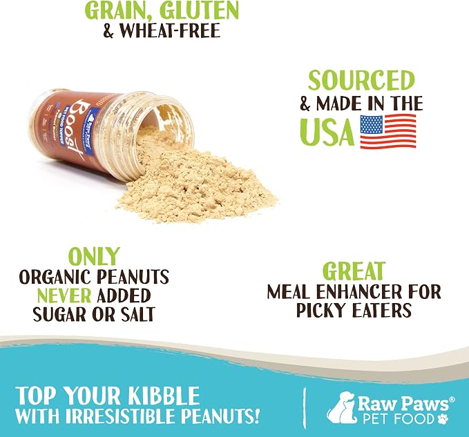 Raw Paws Boost Pet Food Topper Organic Peanut Powder, 2.8-oz - Made in USA - Dog Food Topper, Peanut Butter Treats Meal Toppers for Dogs, Flavor Food Toppers for Picky Dogs, Food Sprinkles