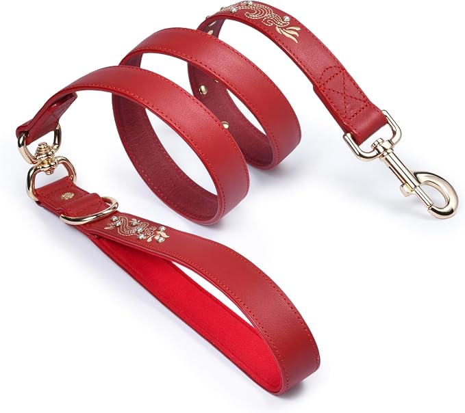 Blueberry Pet Premium Red Leather Dog Leash with Gold Baroque Embroidery