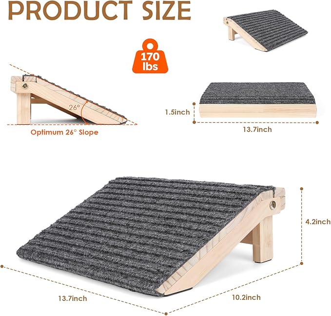 Foldable Dog Ramp for Stairs, Wooden Dog Stairs for Small Dogs | 4.2"H, 2 Pack, Up to 170 lbs, Assist Elderly/Injured Small Dogs, Anti-Slip Carpet Surface, Natural Solid Wood, No Assembly