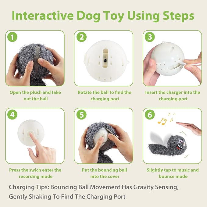 PETGEEK Interactive Dog Toys Ball - Rechargeable, Squeaky Plush Crazy Bouncer Dog Ball with Wiggles & Vibrations, Durable Moving Vibrating Toy for Small, Medium, Large Dogs (6 Inches, Gray)