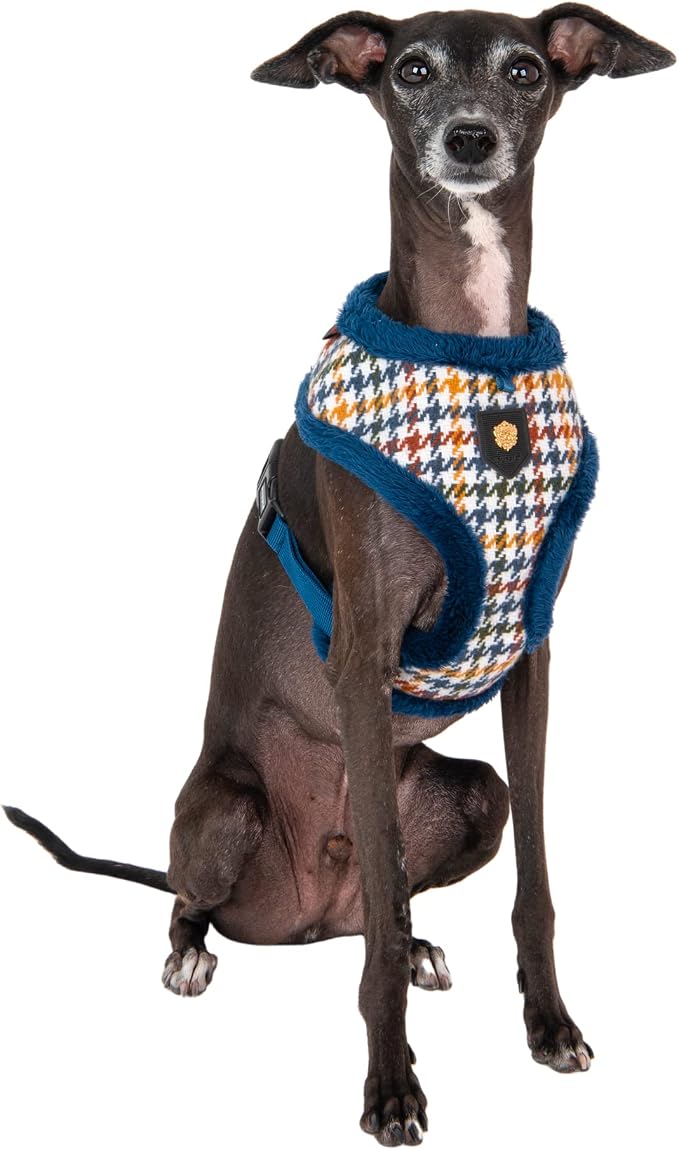 Puppia Kent Dog Harness Over-The-Head Warm Winter Houndstooth Pattern Adjustable Chest for Small and Medium Dog, Blue, Large