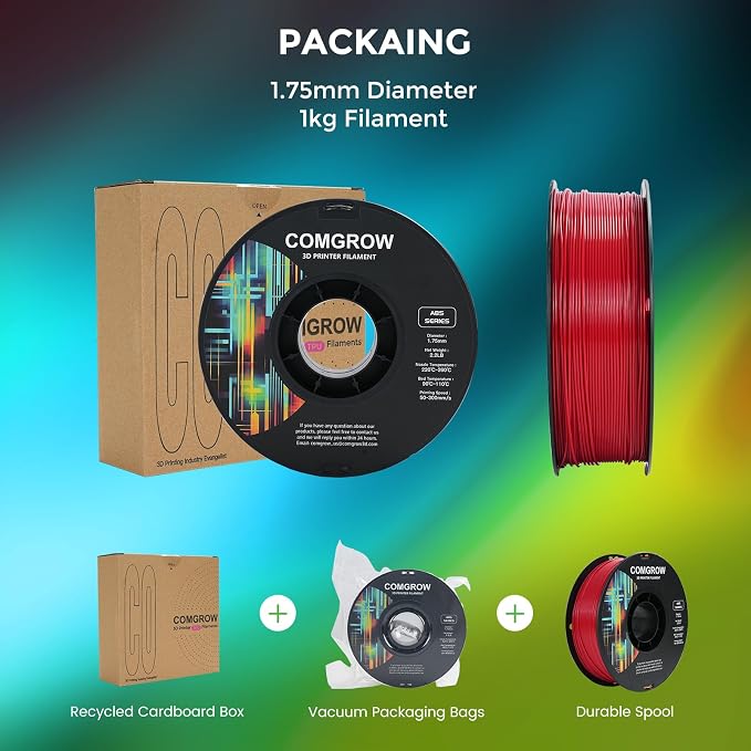 Comgrow ABS 3D Printer Filament, 1.75mm, Heat Resistant, 1kg, Red
