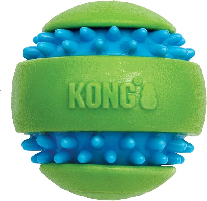 KONG Goomz Dog Toy – Durable Squeaky Chew Ball for Dental Health, Teeth & Gums Massage, Indoor/Outdoor Fetch Play (Football/Ball Combo)