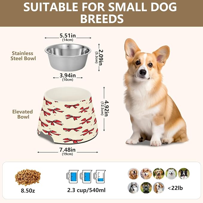 Blueangle Elevated Dog Bowls with Stainless Steel - Non-Slip 2.3 Cup High Capacity Pet Dish for Spinal Health & Red Bows Design（308）