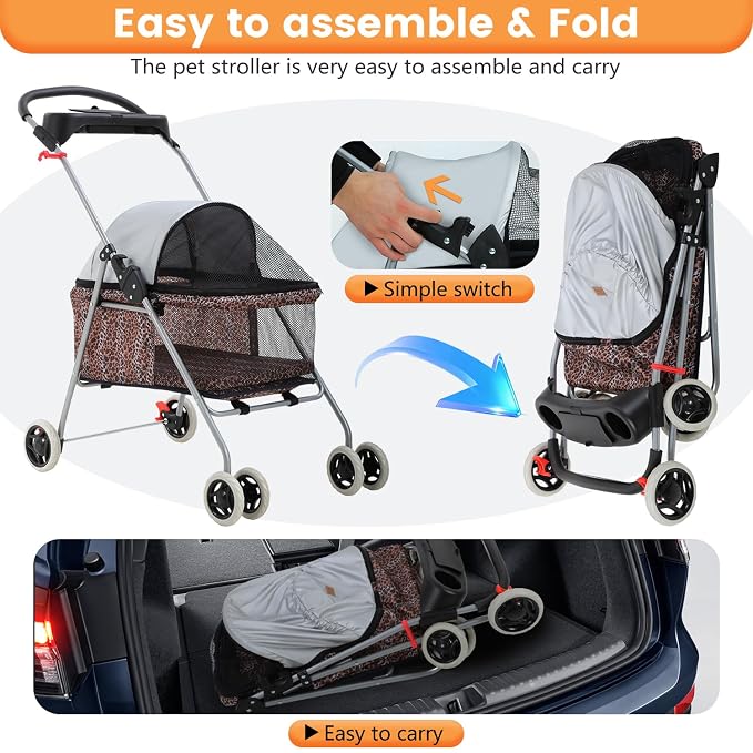 BestPet 4-Wheel Foldable Pet Stroller - Leopard Skin, up to 33lbs