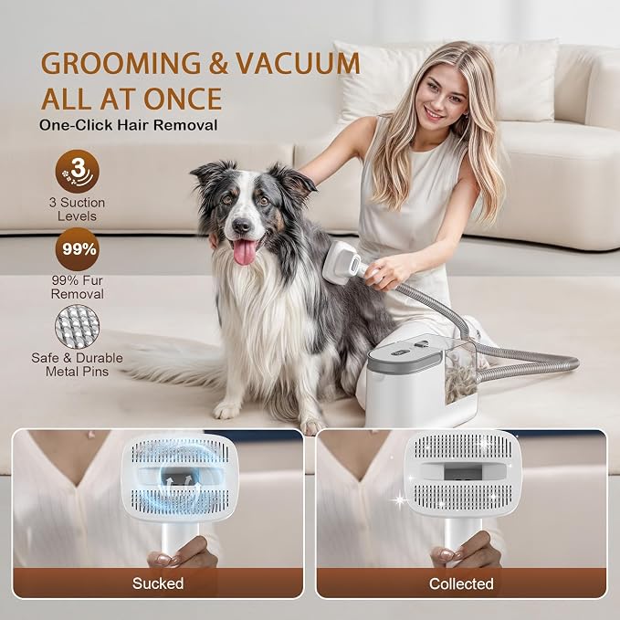 Dog Grooming Vacuum, Dog Grooming Kit with Pet Clipper Nail Grinder, 3 Suction Modes Dog Brush Vacuum with 6 Pet Grooming Tools (Alabaster)