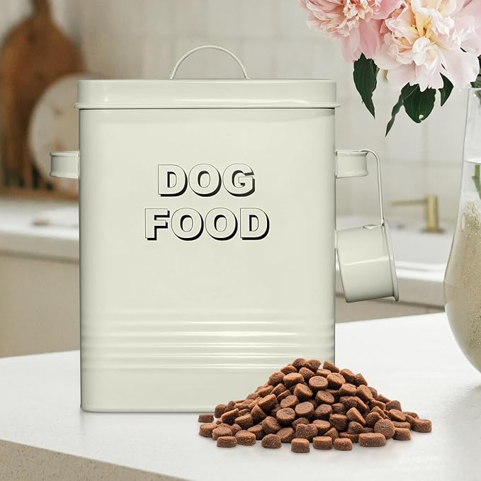Plexon Metal Dog Food Storage Container with Scoop, 1.5 Gallon, 7 lbs, Off-White