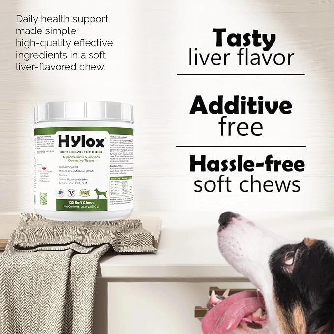 Hylox Soft Chews for Dogs – Joint Support with Glucosamine, MSM, Creatine, Hyaluronic Acid, Turmeric, EPA & DHA – Supports Joints & Cushions Connective Tissues – NASC Certified – 120 Soft Chews